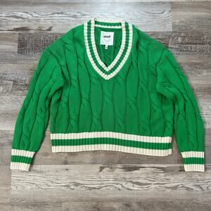 Aerie Sweater Green Cable Knit Cotton V-Neck Varsity Preppy Fall Medium